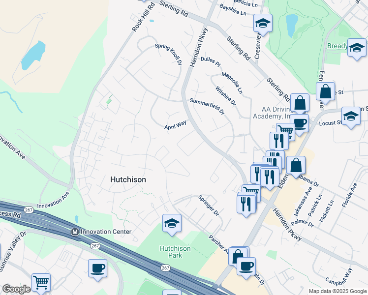 map of restaurants, bars, coffee shops, grocery stores, and more near 1270 Springtide Place in Herndon