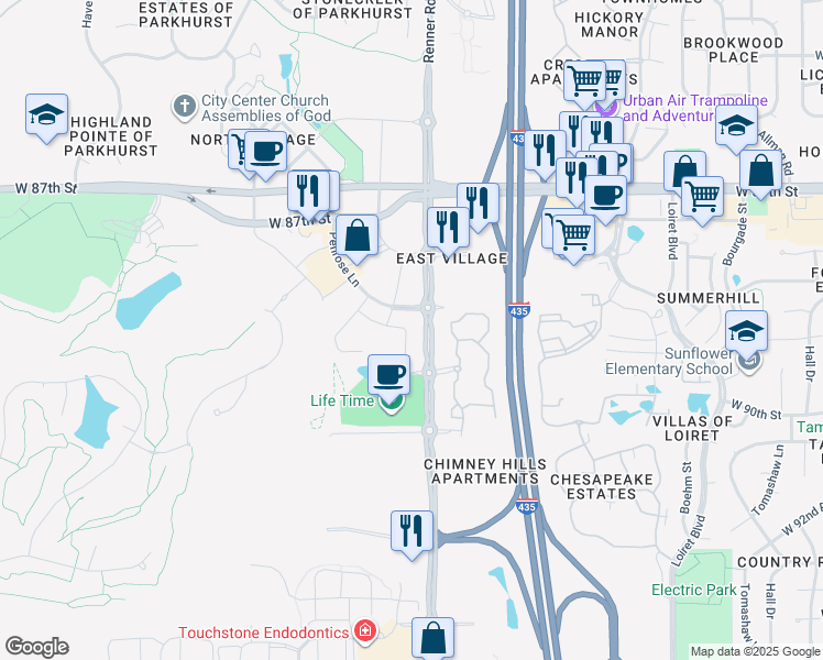 map of restaurants, bars, coffee shops, grocery stores, and more near 8900 Renner Boulevard in Lenexa