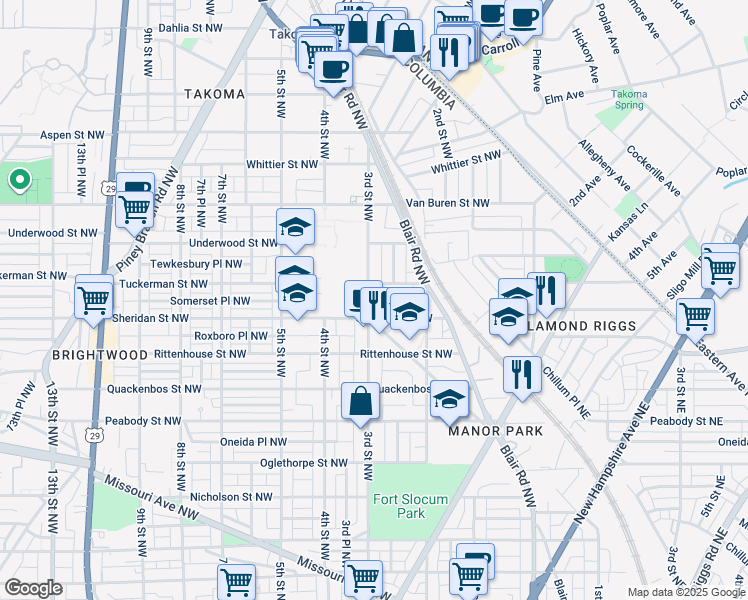 map of restaurants, bars, coffee shops, grocery stores, and more near 6305 3rd Street Northwest in Washington