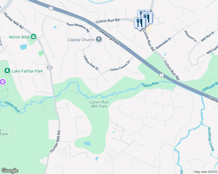 map of restaurants, bars, coffee shops, grocery stores, and more near 10200 Yellow Pine Drive in Vienna