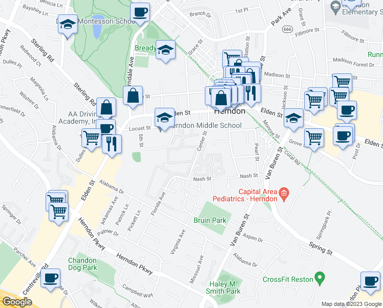 map of restaurants, bars, coffee shops, grocery stores, and more near Center Street in Herndon
