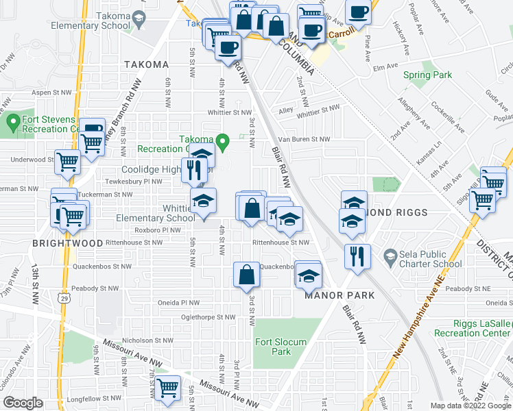 map of restaurants, bars, coffee shops, grocery stores, and more near 6305 3rd Street Northwest in Washington