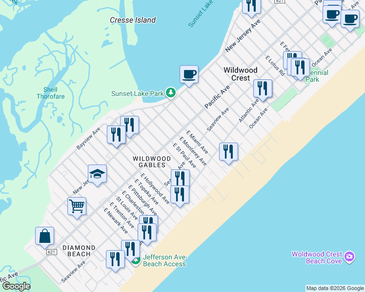 map of restaurants, bars, coffee shops, grocery stores, and more near 201 East Saint Paul Avenue in Wildwood Crest
