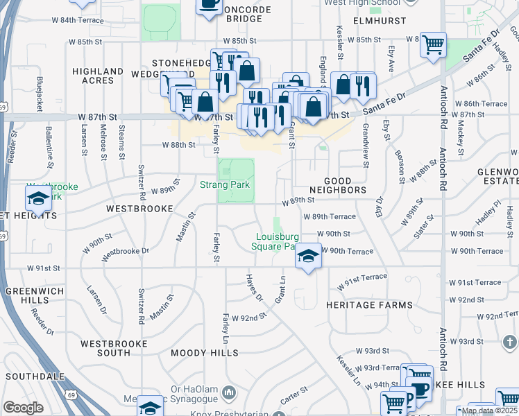 map of restaurants, bars, coffee shops, grocery stores, and more near 8901 Knox Ln in Overland Park