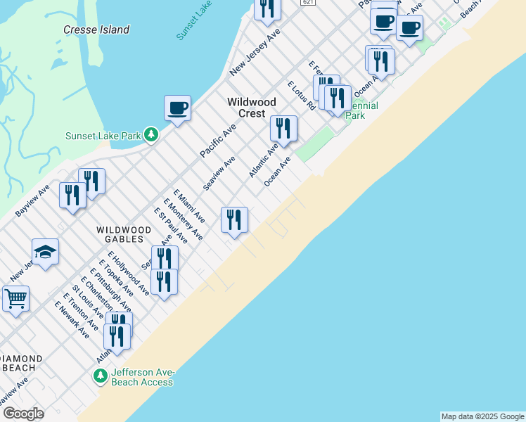 map of restaurants, bars, coffee shops, grocery stores, and more near 418 Farragut Road in Wildwood