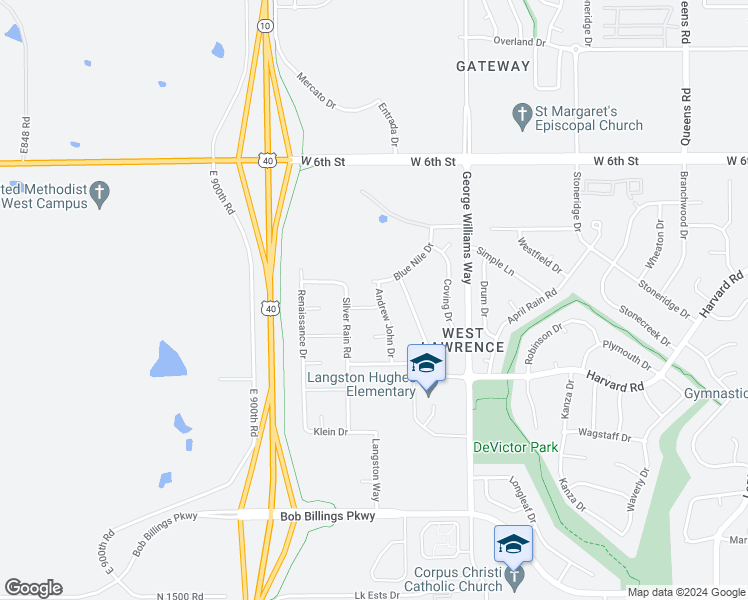 map of restaurants, bars, coffee shops, grocery stores, and more near 6204 Crystal Lane in Lawrence