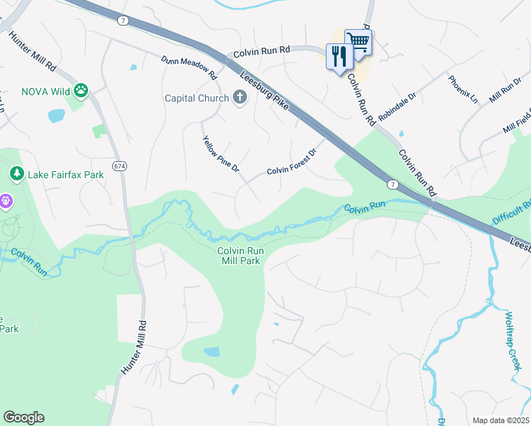map of restaurants, bars, coffee shops, grocery stores, and more near 10200 Yellow Pine Drive in Vienna