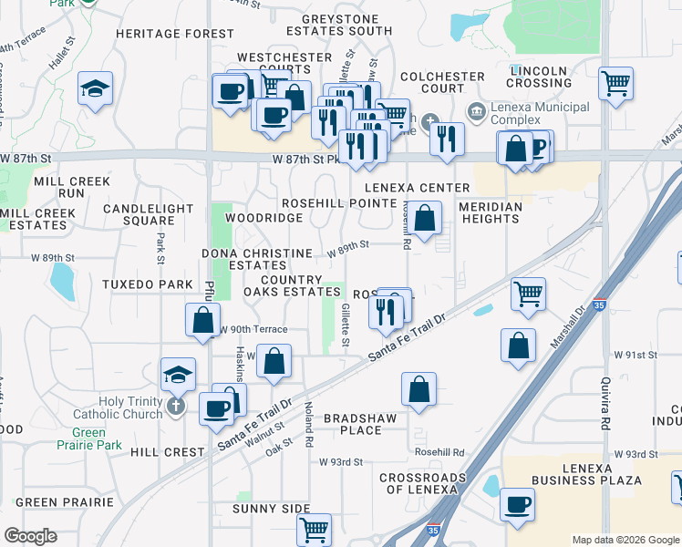 map of restaurants, bars, coffee shops, grocery stores, and more near 8914 Gillette Street in Lenexa