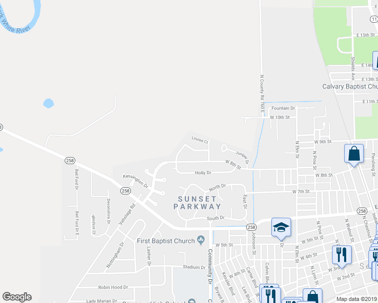 map of restaurants, bars, coffee shops, grocery stores, and more near 1045 Governors Lane in Seymour