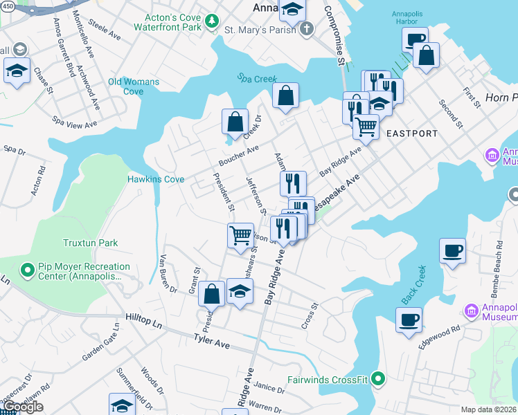 map of restaurants, bars, coffee shops, grocery stores, and more near 148 Jefferson Street in Annapolis