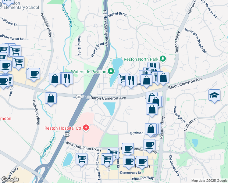 map of restaurants, bars, coffee shops, grocery stores, and more near 12000 Cameron Pond Drive in Reston