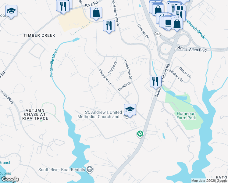 map of restaurants, bars, coffee shops, grocery stores, and more near 2710 Cassia Drive in Edgewater
