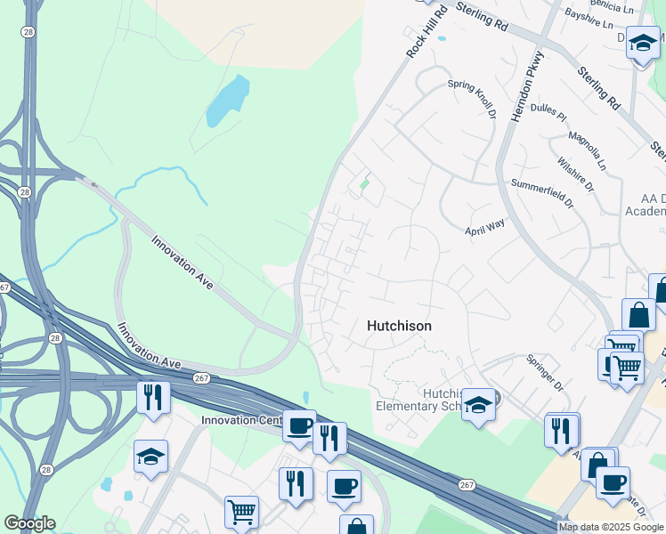 map of restaurants, bars, coffee shops, grocery stores, and more near 2157 Astoria Circle in Herndon