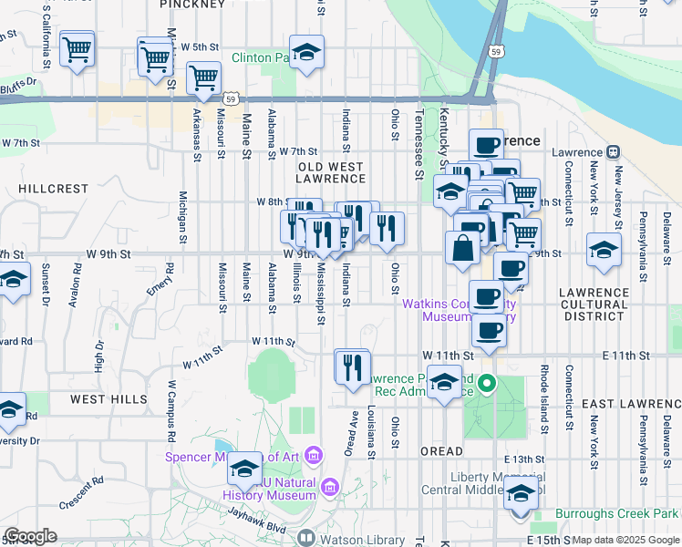 map of restaurants, bars, coffee shops, grocery stores, and more near 919 Indiana Street in Lawrence