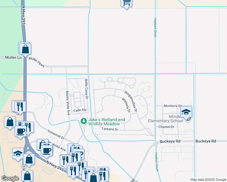 map of restaurants, bars, coffee shops, grocery stores, and more near 1824 Bougainvillea Drive in Minden