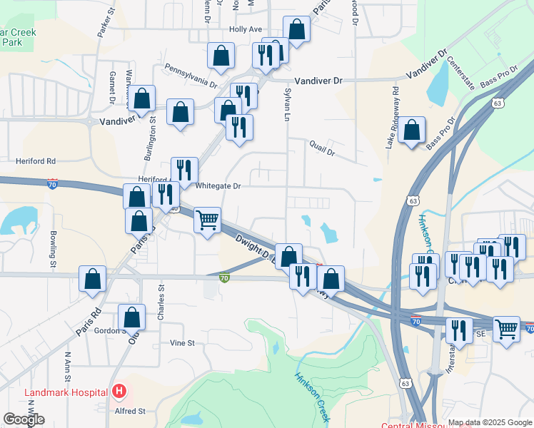 map of restaurants, bars, coffee shops, grocery stores, and more near 2401 Hendrix Drive in Columbia