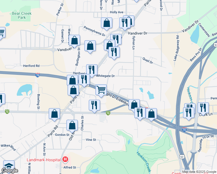 map of restaurants, bars, coffee shops, grocery stores, and more near 2203 Clark Lane in Columbia