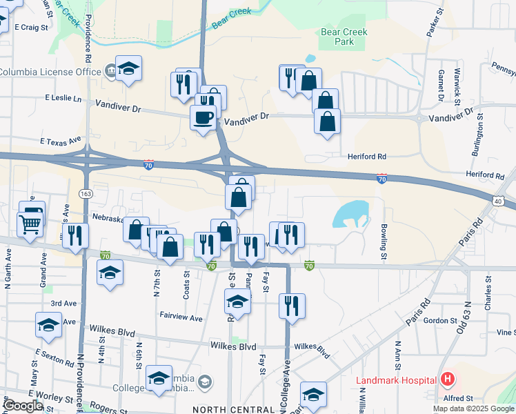 map of restaurants, bars, coffee shops, grocery stores, and more near 1508-1510 Fir Place in Columbia