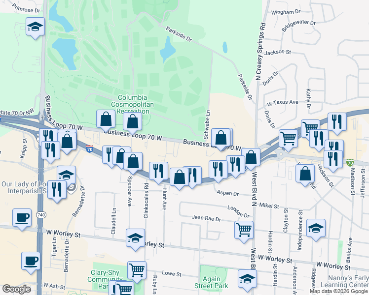 map of restaurants, bars, coffee shops, grocery stores, and more near 1360 Business Loop 70 West in Columbia