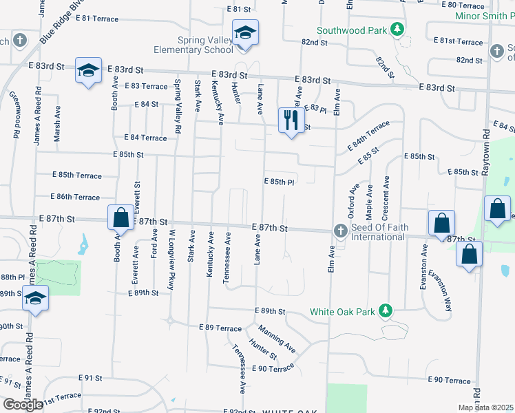 map of restaurants, bars, coffee shops, grocery stores, and more near 8618 Lane Avenue in Raytown