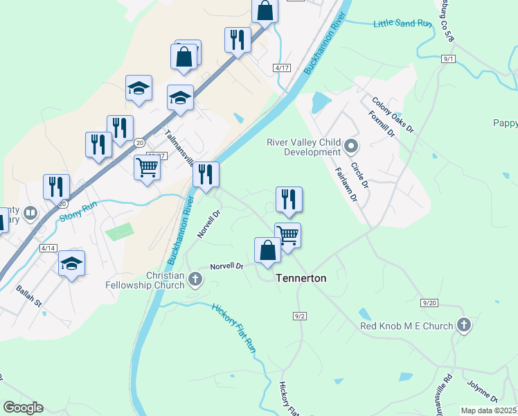 map of restaurants, bars, coffee shops, grocery stores, and more near 439 Tallmansville Road in Buckhannon