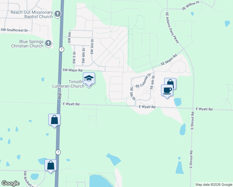 map of restaurants, bars, coffee shops, grocery stores, and more near 102 SW Rose St in Blue Springs