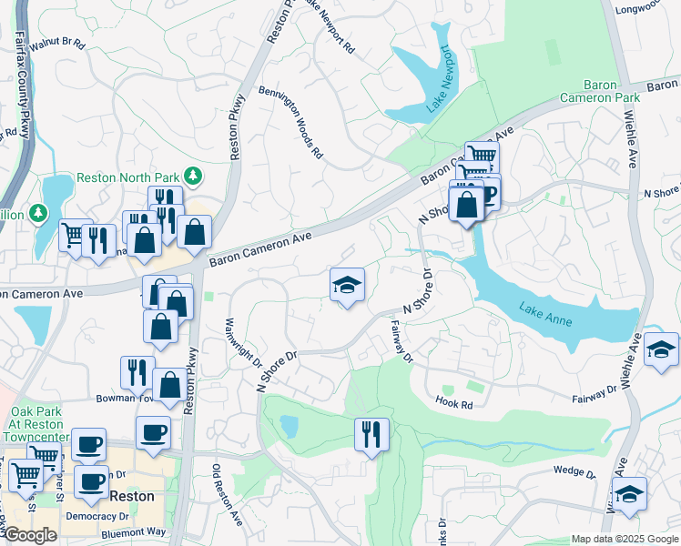 map of restaurants, bars, coffee shops, grocery stores, and more near 11613 Vantage Hill Road in Reston