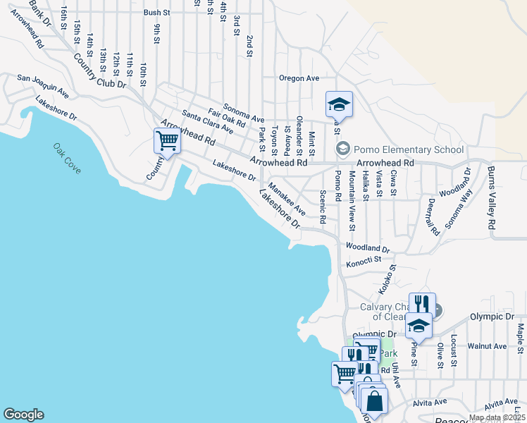 map of restaurants, bars, coffee shops, grocery stores, and more near 13765 Lakeshore Drive in Clearlake