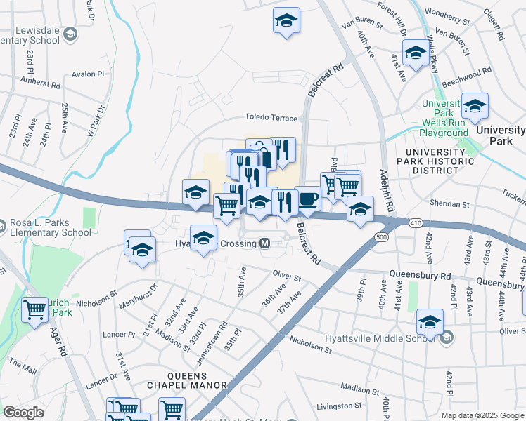 map of restaurants, bars, coffee shops, grocery stores, and more near East-West Highway in Hyattsville