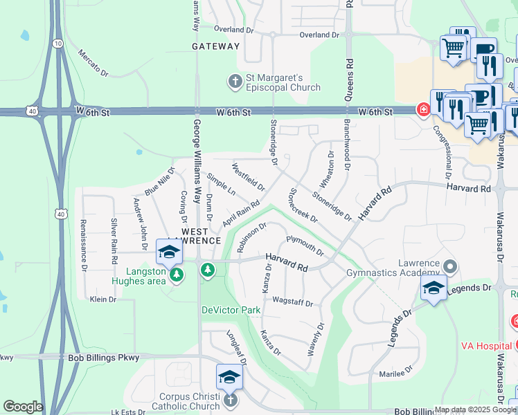 map of restaurants, bars, coffee shops, grocery stores, and more near 940 April Rain Road in Lawrence