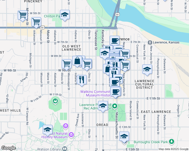 map of restaurants, bars, coffee shops, grocery stores, and more near 917 Tennessee Street in Lawrence