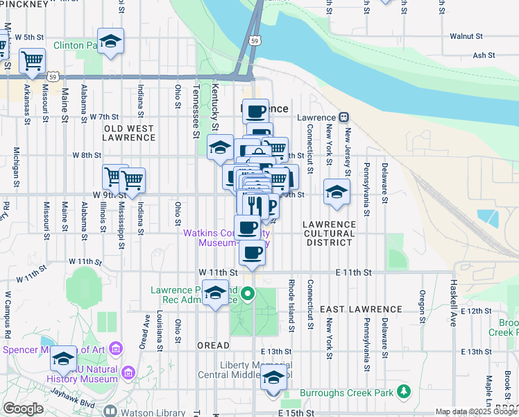 map of restaurants, bars, coffee shops, grocery stores, and more near 901 New Hampshire Street in Lawrence