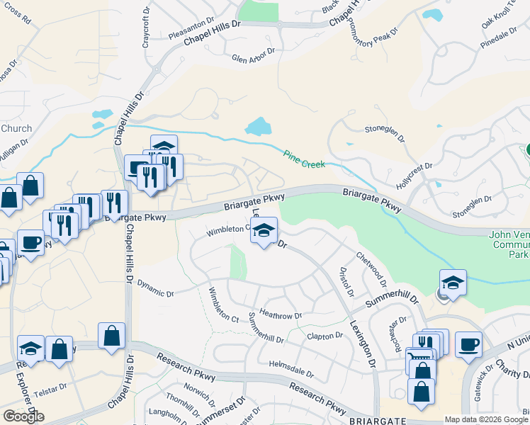 map of restaurants, bars, coffee shops, grocery stores, and more near 9280 Chetwood Drive in Colorado Springs