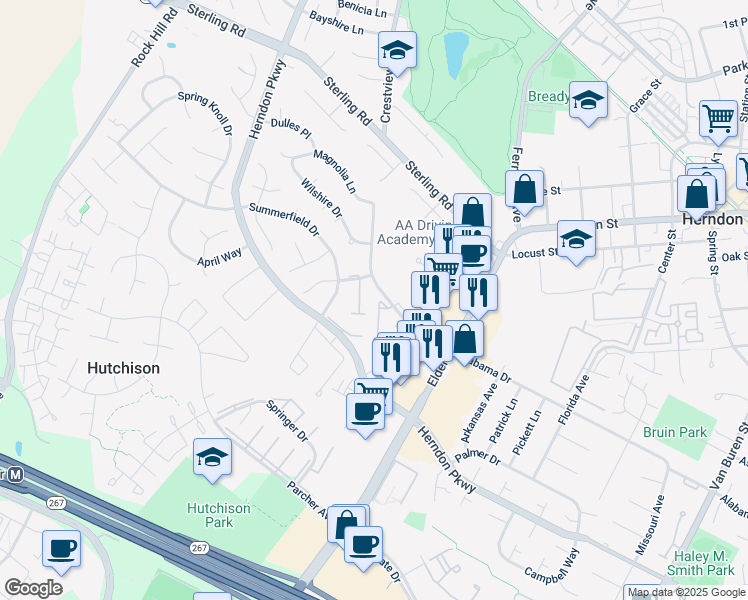 map of restaurants, bars, coffee shops, grocery stores, and more near 1106 Cypress Tree Place in Herndon