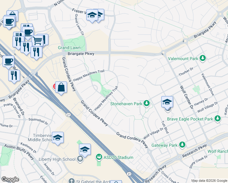 map of restaurants, bars, coffee shops, grocery stores, and more near 9295 Happy Meadows Trail in Colorado Springs