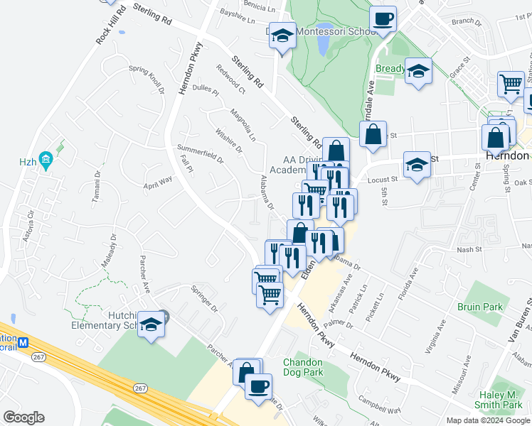 map of restaurants, bars, coffee shops, grocery stores, and more near 1106 Cypress Tree Place in Herndon