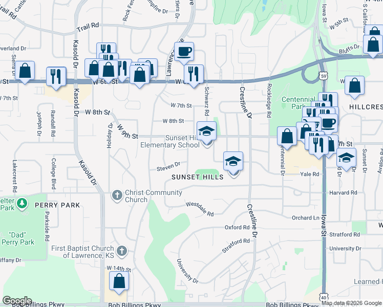 map of restaurants, bars, coffee shops, grocery stores, and more near 918 Wellington Road in Lawrence