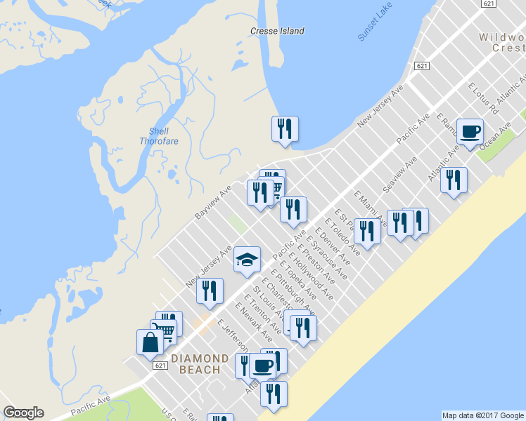 map of restaurants, bars, coffee shops, grocery stores, and more near 8600 New Jersey Avenue in Wildwood Crest