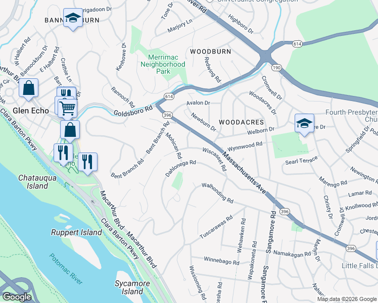 map of restaurants, bars, coffee shops, grocery stores, and more near 6312 Wiscasset Road in Bethesda