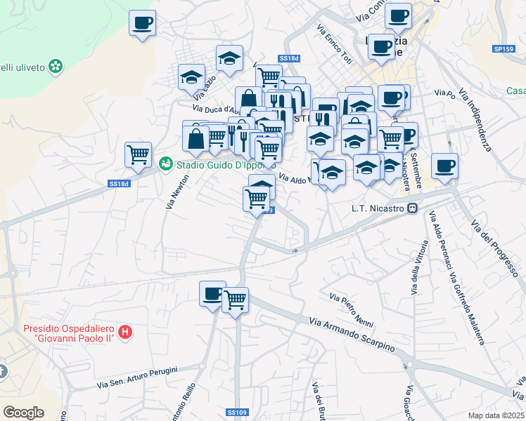 map of restaurants, bars, coffee shops, grocery stores, and more near Via S. Miceli in Lamezia Terme