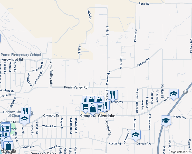 map of restaurants, bars, coffee shops, grocery stores, and more near 3245 Sharp Lane in Clearlake