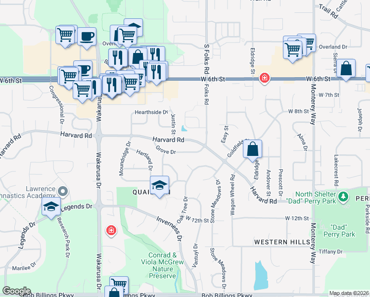 map of restaurants, bars, coffee shops, grocery stores, and more near 4516 Grove Dr in Lawrence