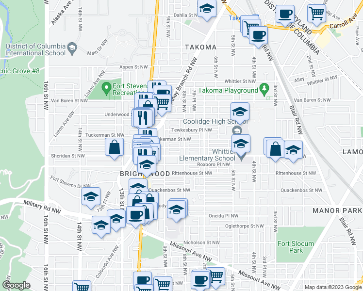map of restaurants, bars, coffee shops, grocery stores, and more near 6312 8th Street Northwest in Washington