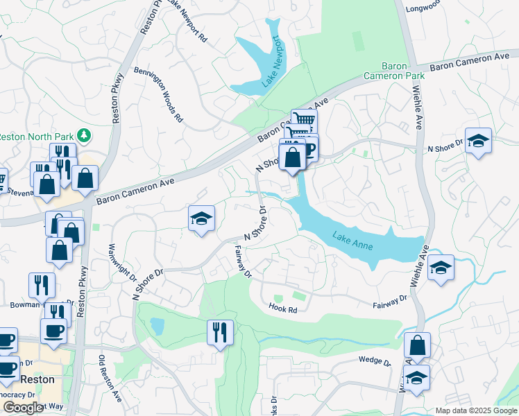 map of restaurants, bars, coffee shops, grocery stores, and more near 11518 Hickory Cluster in Reston