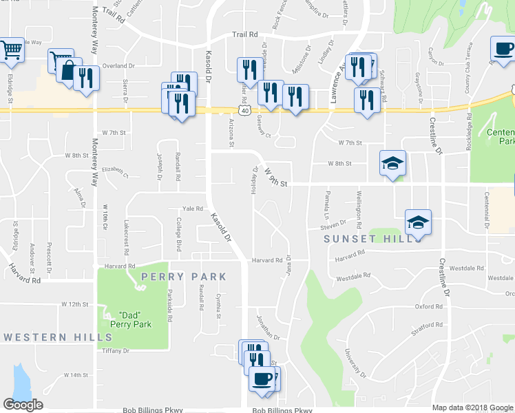 map of restaurants, bars, coffee shops, grocery stores, and more near 936 Holiday Drive in Lawrence