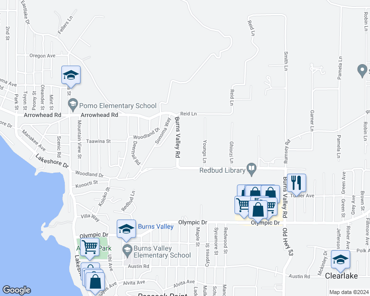 map of restaurants, bars, coffee shops, grocery stores, and more near 14516 Burns Valley Road in Clearlake