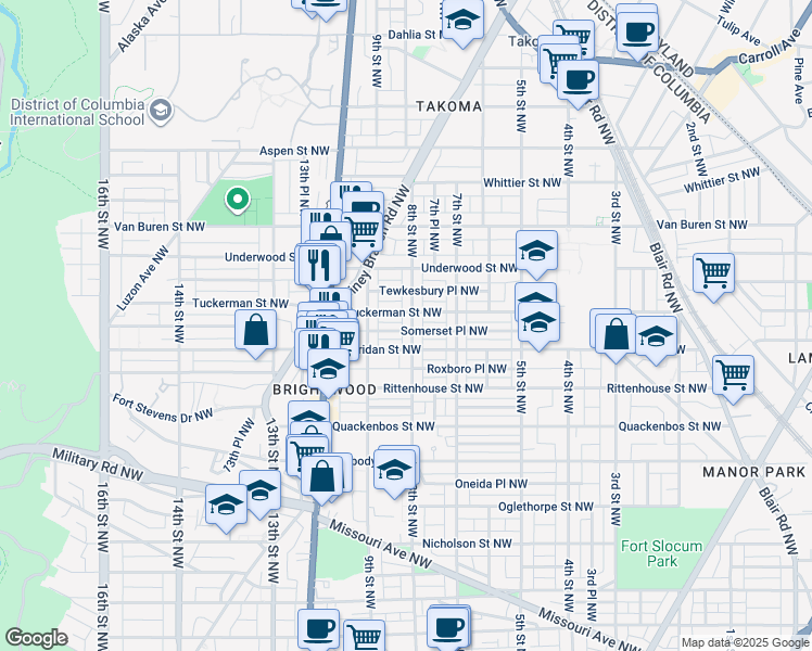 map of restaurants, bars, coffee shops, grocery stores, and more near 6312 8th Street Northwest in Washington