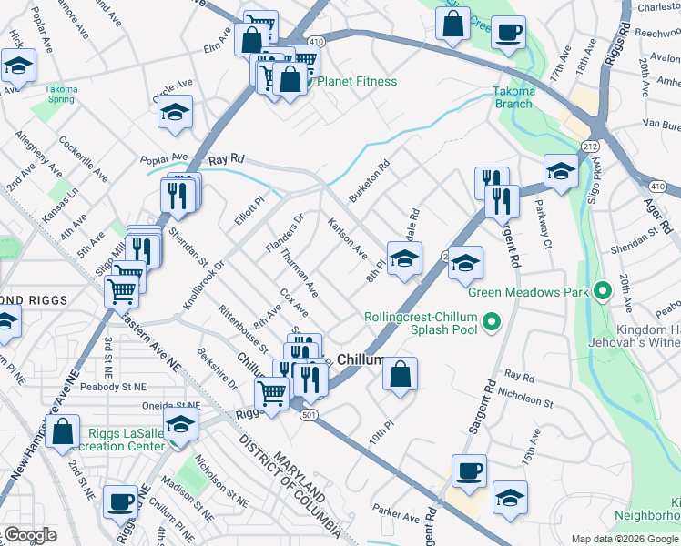 map of restaurants, bars, coffee shops, grocery stores, and more near 6613 Karlson Court in Hyattsville