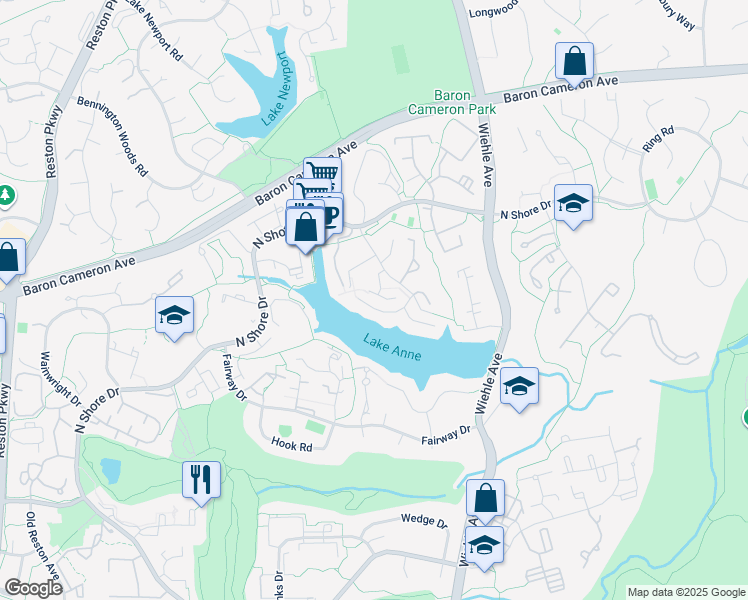 map of restaurants, bars, coffee shops, grocery stores, and more near 1568 Moorings Drive in Reston