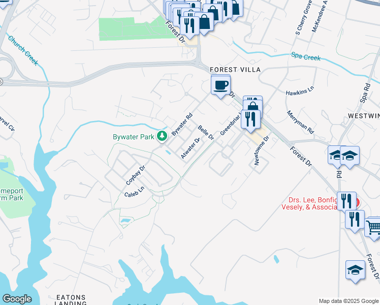 map of restaurants, bars, coffee shops, grocery stores, and more near 321 Atwater Drive in Annapolis